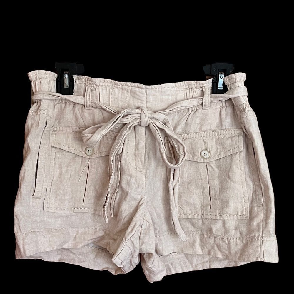 Loft linen blend oatmeal tie waist cargo pocket shorts women's size 0